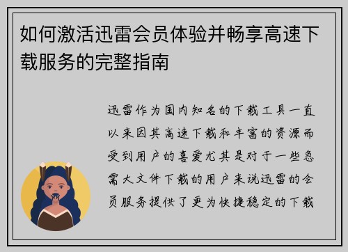 如何激活迅雷会员体验并畅享高速下载服务的完整指南