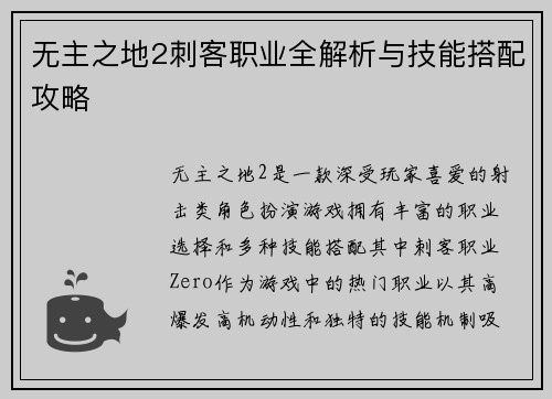 无主之地2刺客职业全解析与技能搭配攻略